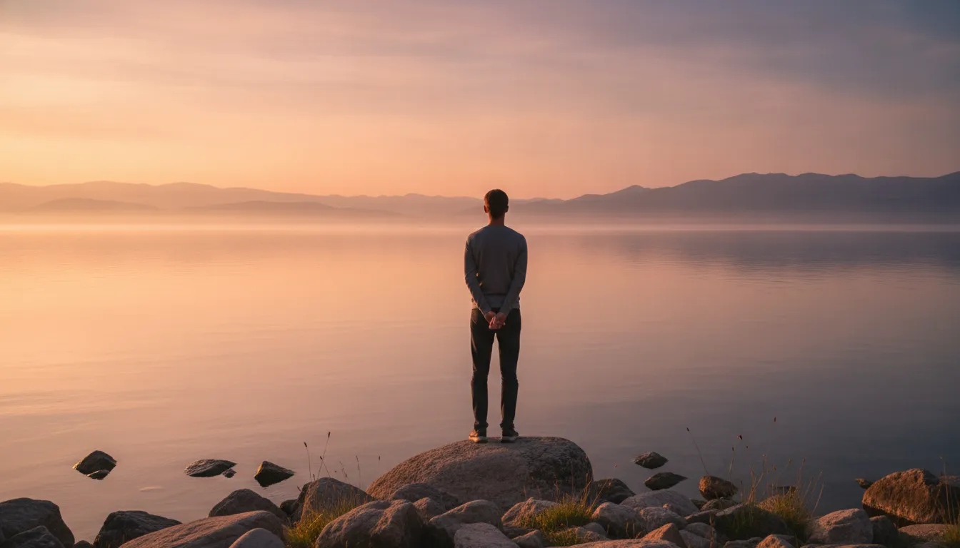 Pessoa contempla pôr do sol sobre a água, postura relaxada, livre de culpa. Terapia online para bem-estar.