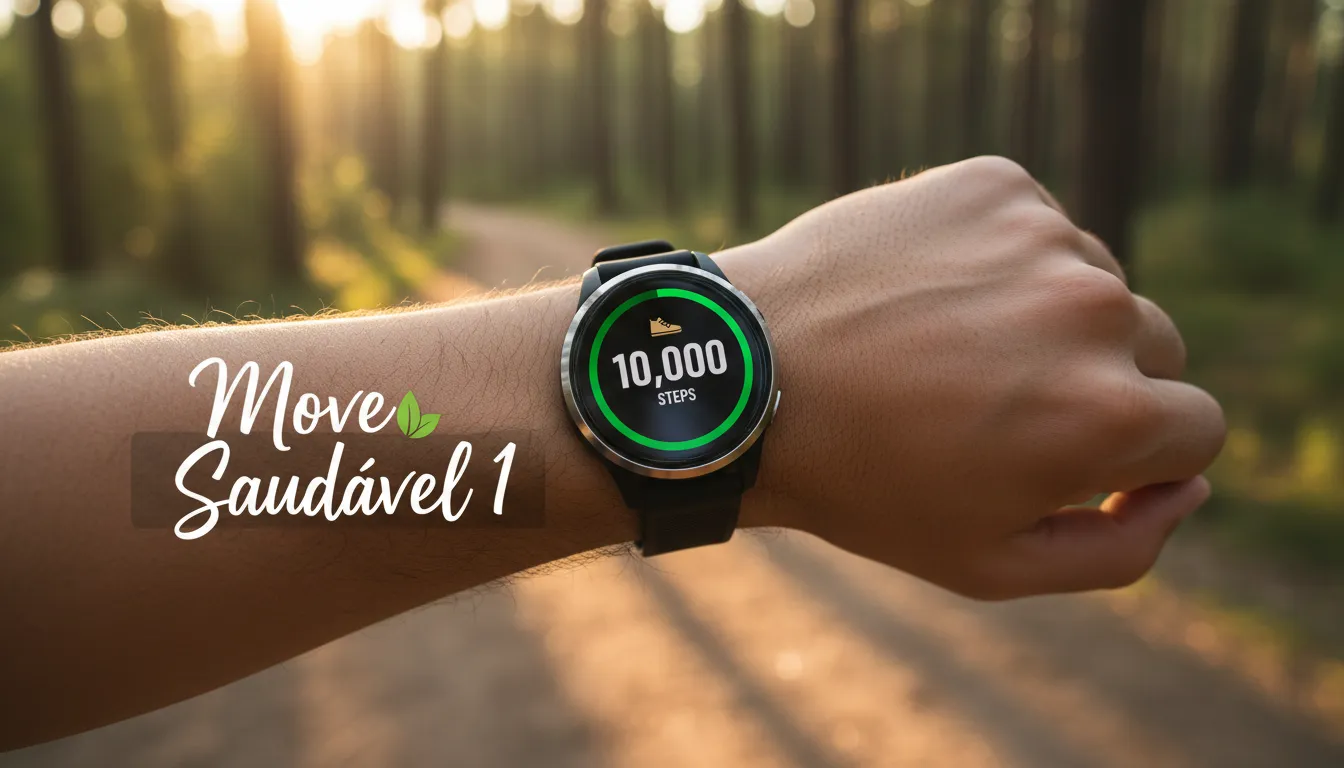 Relógio de fitness mostrando a meta de passos atingida após uma caminhada 10 minutos por dia em uma trilha ensolarada.