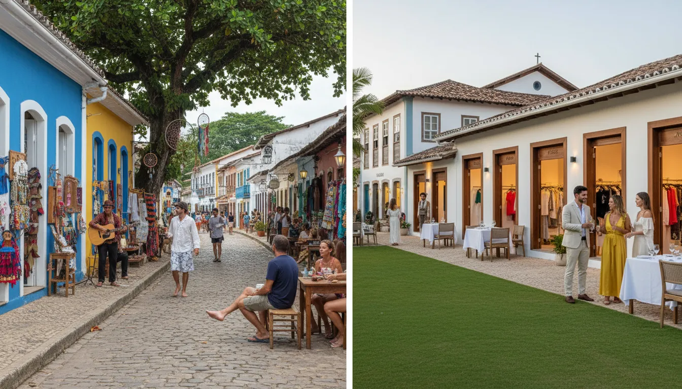 Imagem comparativa de Arraial d'Ajuda e Trancoso, destinos encantadores para incluir em sua viagem para Porto Seguro.