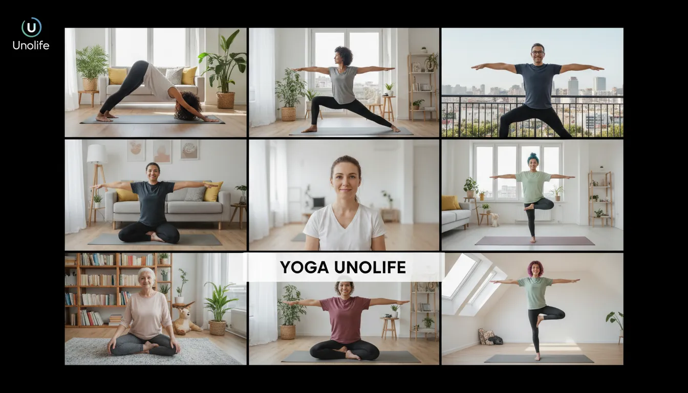 Um grupo diverso de pessoas participa de uma aula de yoga online para iniciantes, conectados por laptops, transmitindo uma atmosfera inclusiva e com o logo da Unolife.