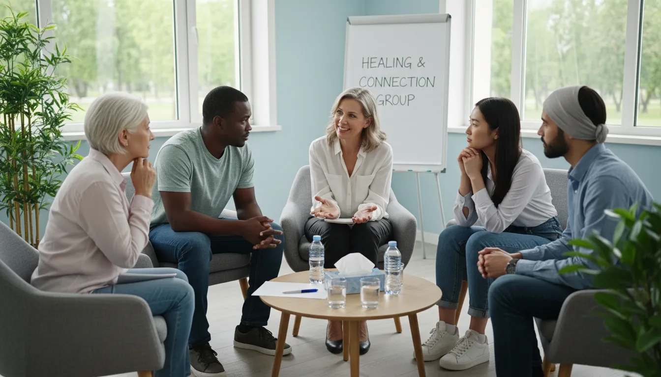 Sessão de terapia em grupo com pessoas diversas, sendo orientadas por psicólogo em ambiente acolhedor