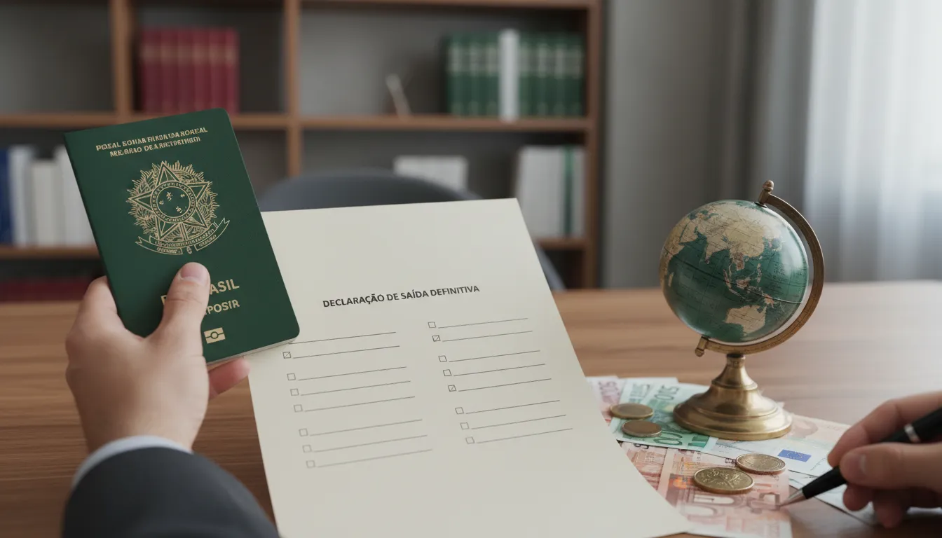 Mãos preenchendo a Declaração de Saída Definitiva, essencial para evitar problemas com imposto de renda exterior.