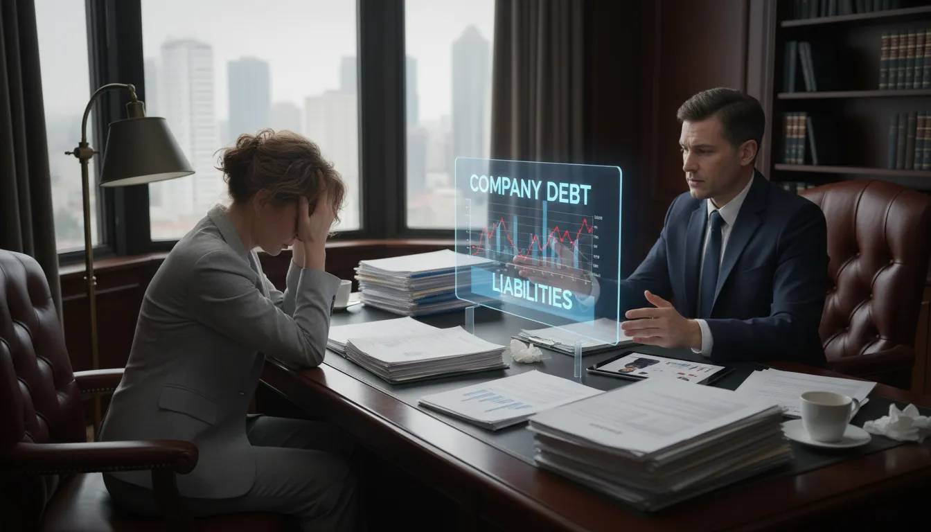 Empresário preocupado recebendo orientação jurídica sobre passivo de empresa