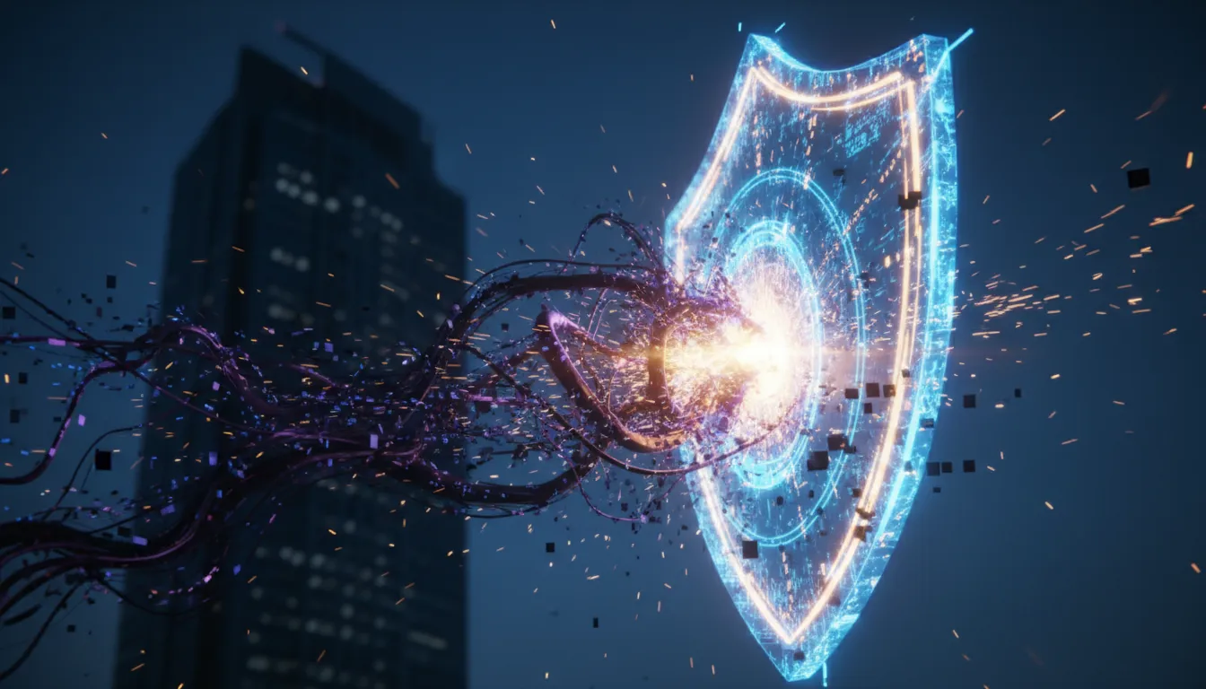 Uma poderosa firewall digital bloqueia tentáculos de um ataque cibernético, prevenindo vazamentos e assegurando a conformidade.