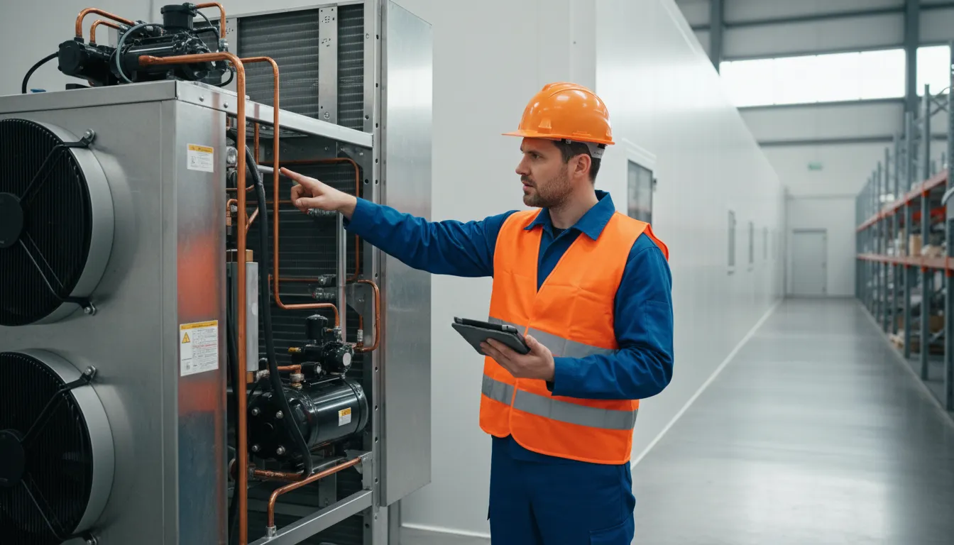 Engenheiro da Veltter inspecionando sistema de refrigeração externo de câmara fria, destacando manutenção e engenharia.