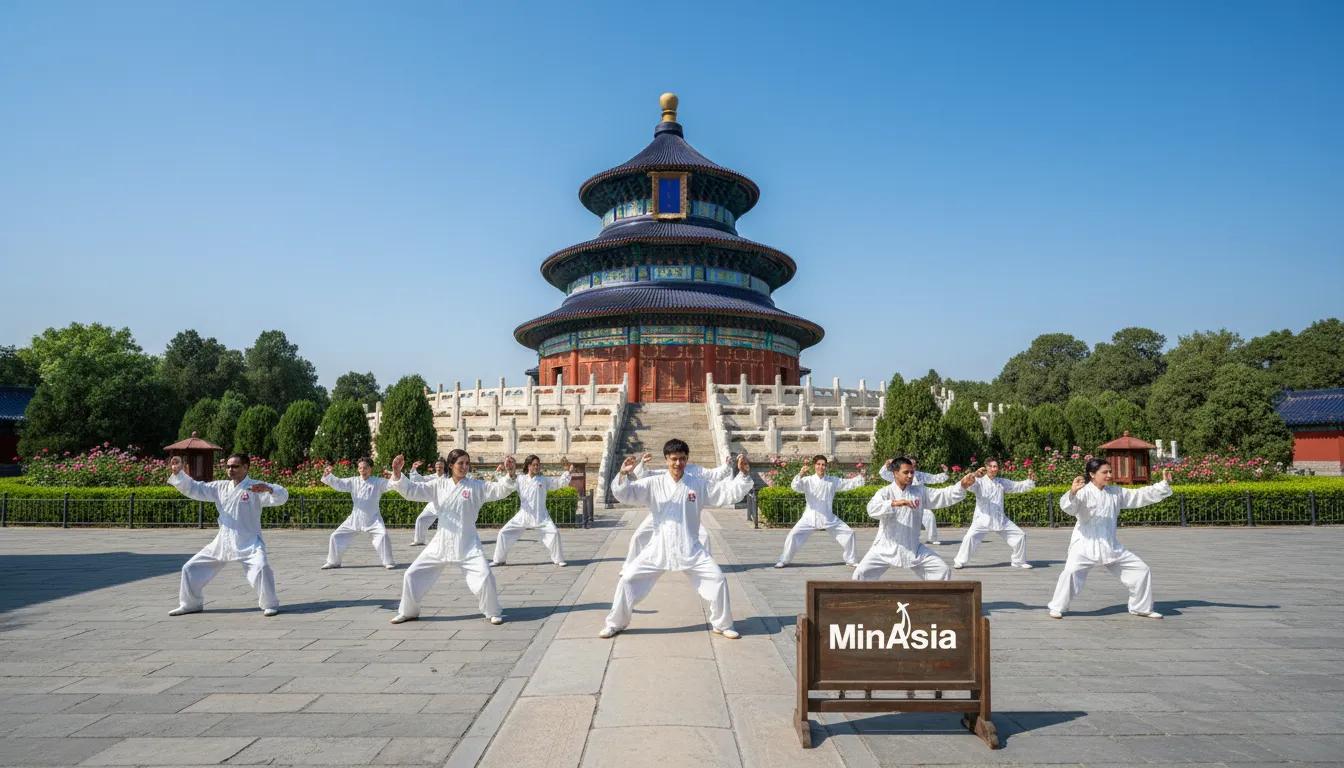Templo do Céu em Pequim, China, com jardins e um grupo praticando Tai Chi em um dia ensolarado.