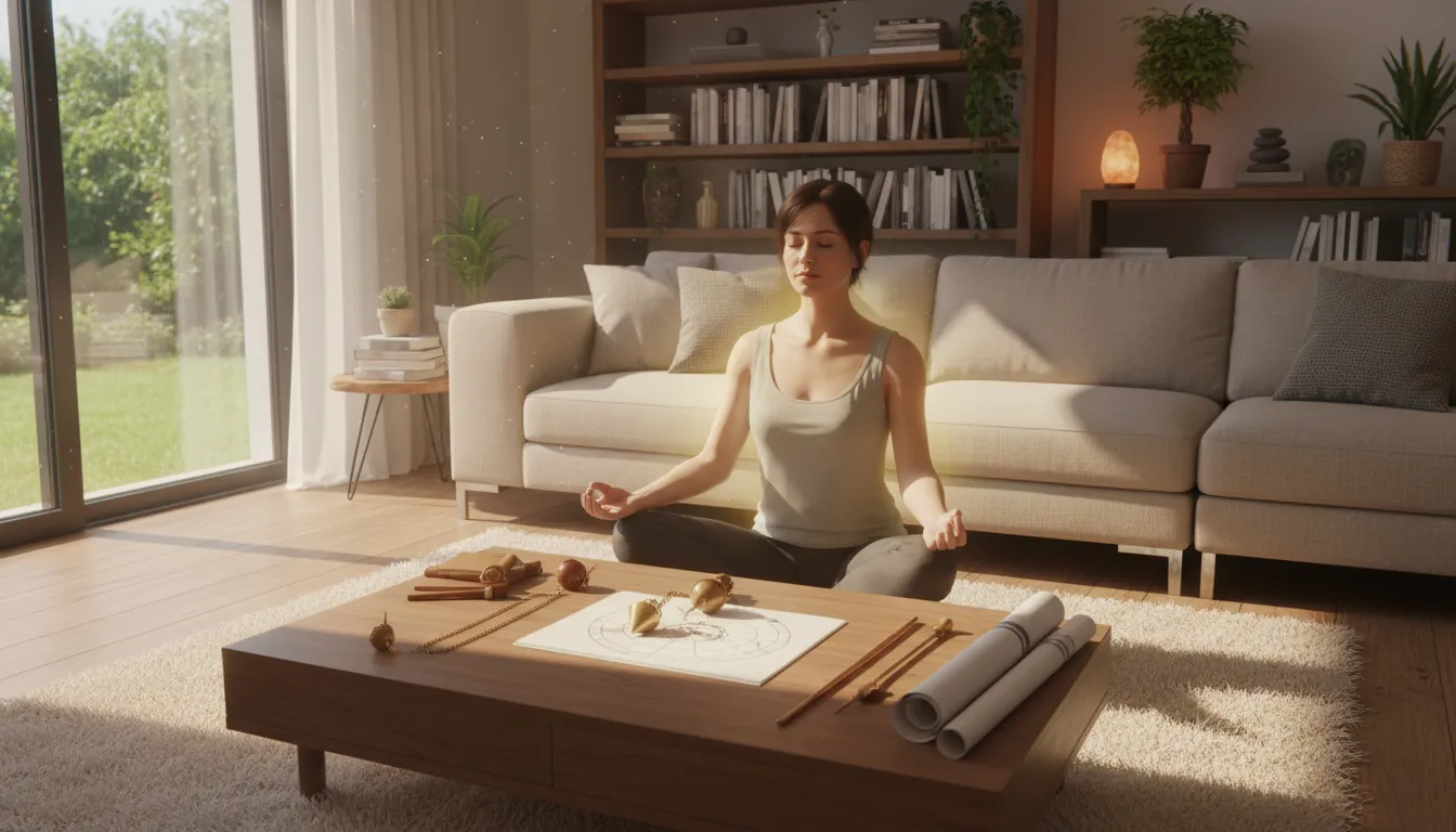Pessoa meditando em sala com ferramentas de radiestesia, buscando bem-estar e equilíbrio energético.