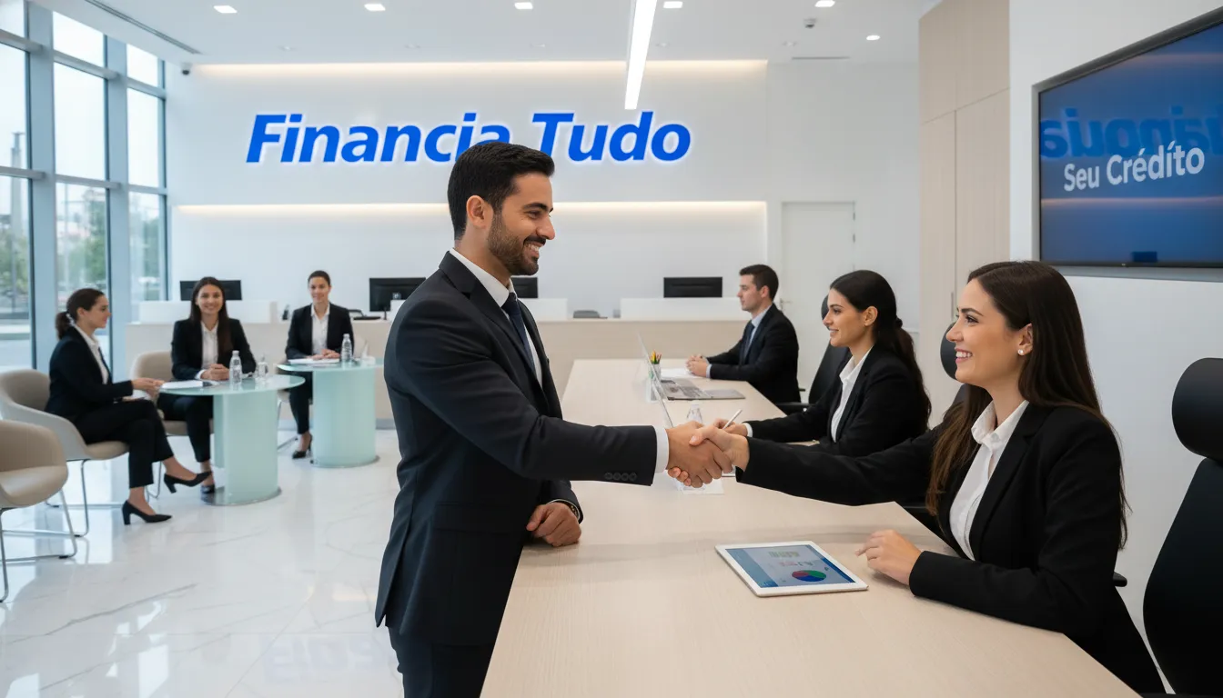 Aperto de mãos entre cliente e gerente bancário, simbolizando o sucesso em aumentar aprovação de crédito. Ambiente bancário moderno e profissional.