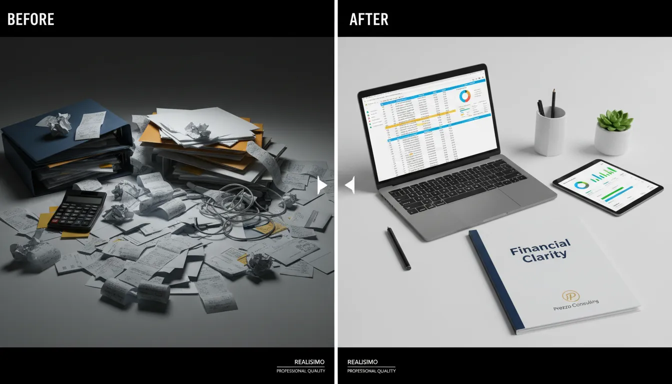 A before-and-after comparison illustrating the impact of organized bookkeeping for small business, emphasizing the clarity Prezzo Consulting provides.