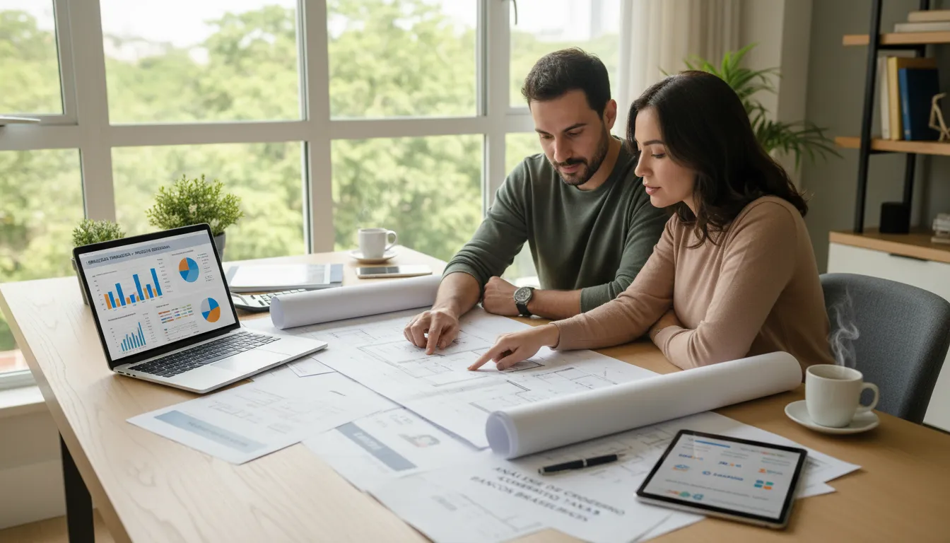 Casal brasileiro analisa simulações financeiras da obra, com documentos e ferramentas digitais em um escritório iluminado.