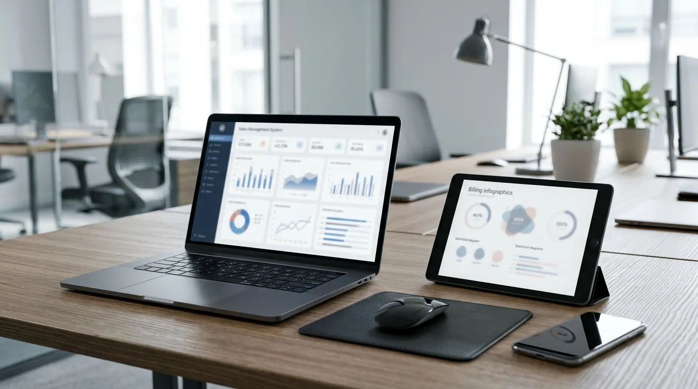 Notebook e tablet configurados para emitir nota fiscal mercado livre em escritório moderno.