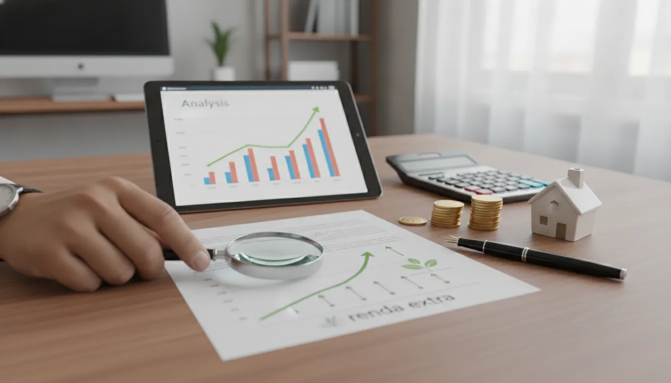 Mesa organizada com ferramentas financeiras, simbolizando análise e crescimento de renda extra para correspondentes bancários.