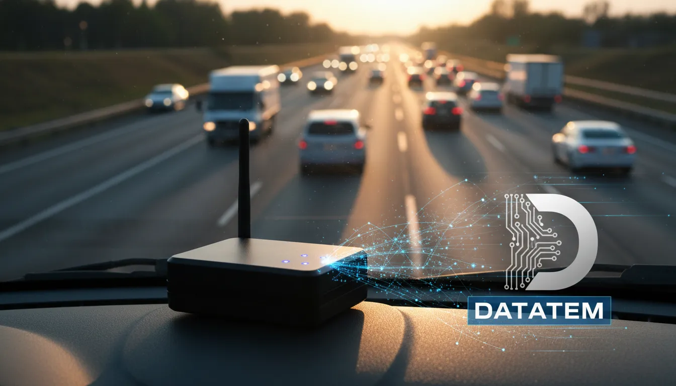 Dispositivo de telemetria veicular transmitindo dados para a plataforma Datatem, permitindo o rastreamento e a redução da pegada de carbono da frota.