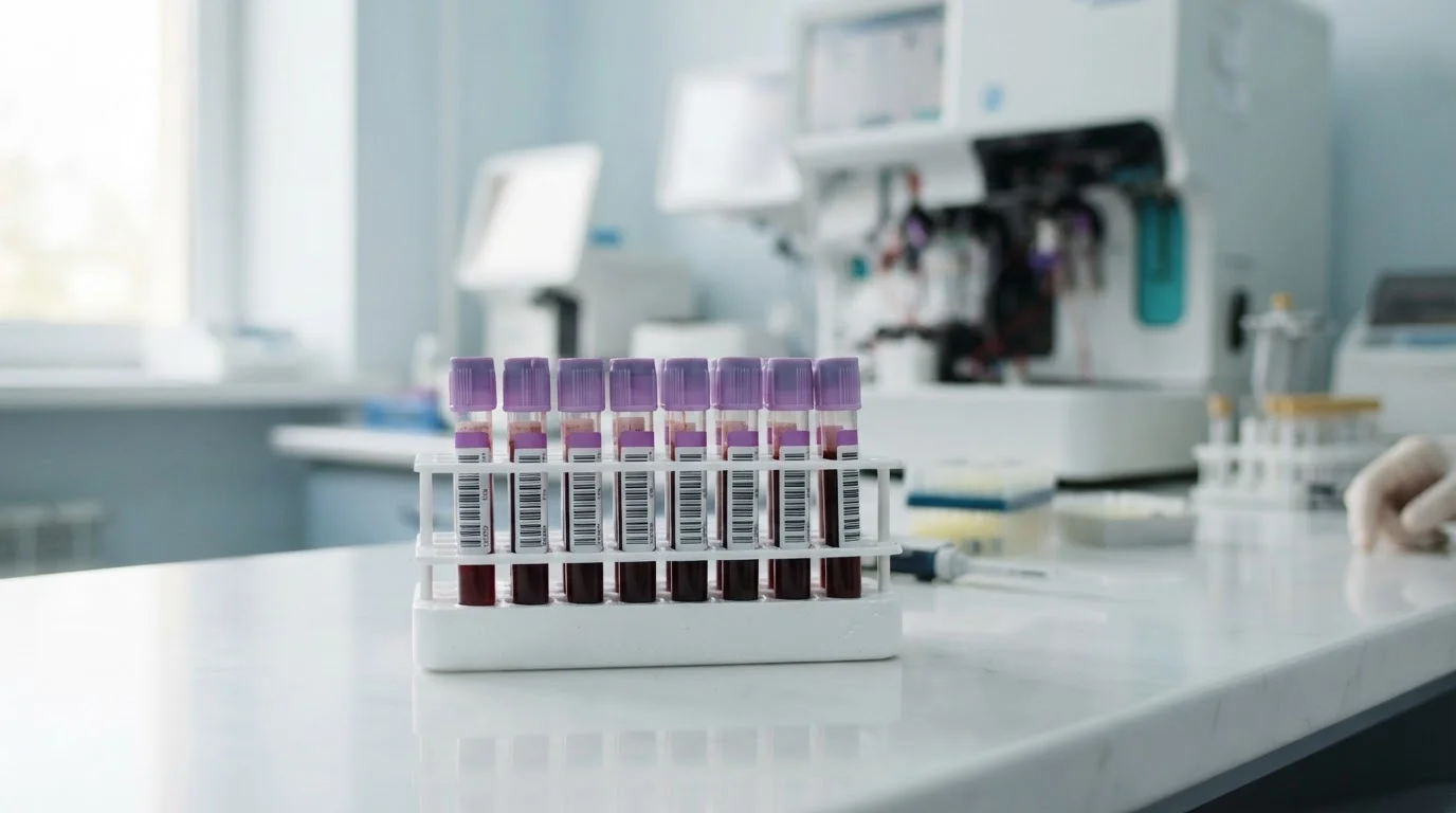 Tubos de coleta de sangue para hemograma completo em bancada de laboratório