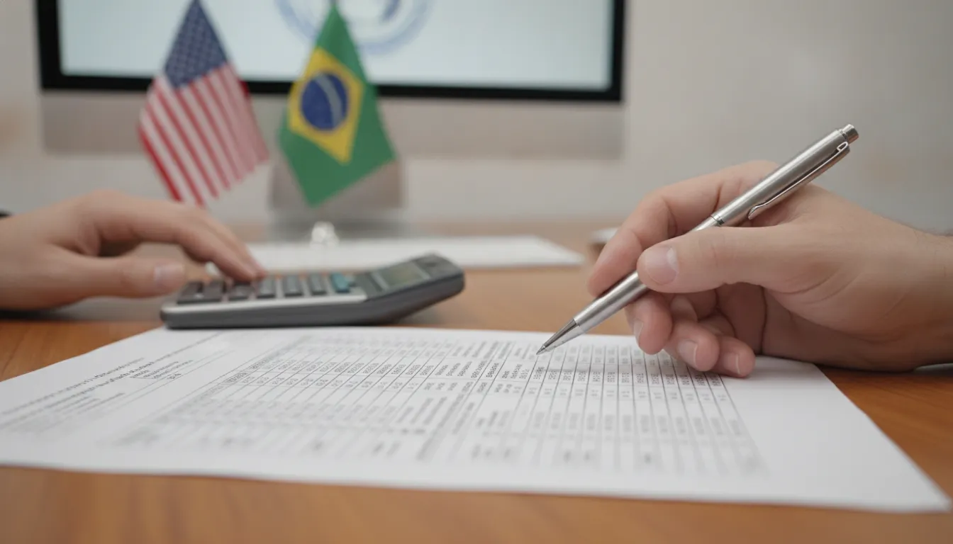Mãos analisando documentos financeiros e regras de transfer pricing Brasil EUA, com bandeiras ao fundo.