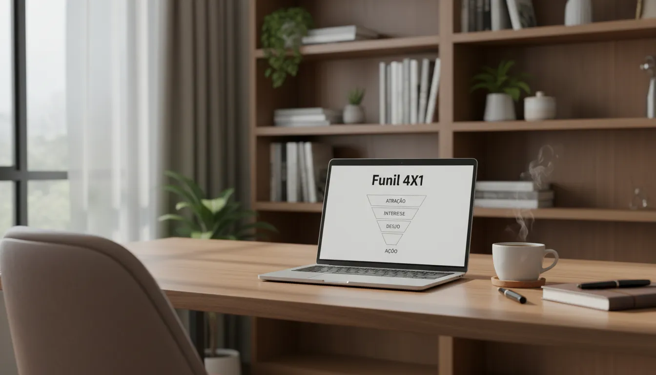 Espaço de trabalho tranquilo com funil de vendas simplificado no laptop. Aprenda Como ficar em primeiro no Google Meu Negócio com funil 4x1.