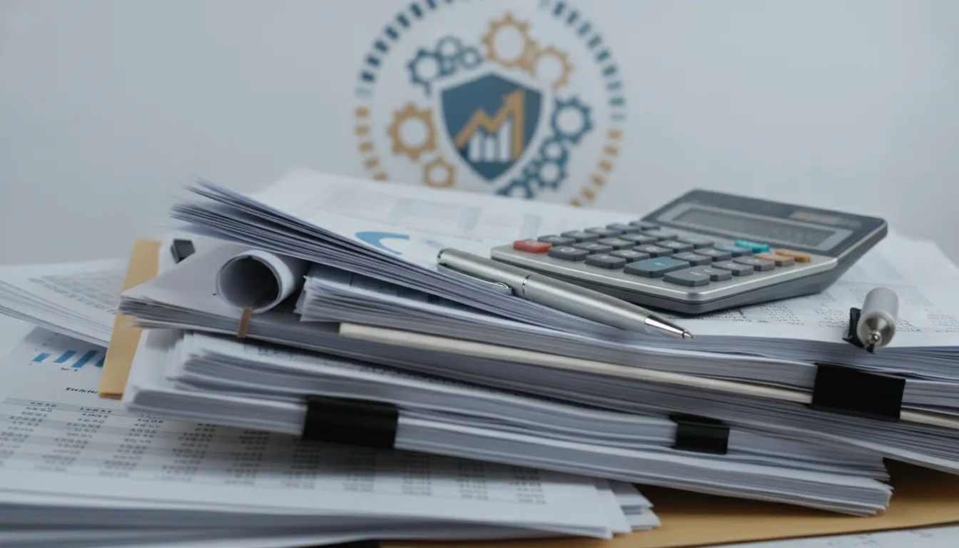 Pilha de documentos financeiros, calculadora e caneta, simbolizando documentação da análise de risco bancária.