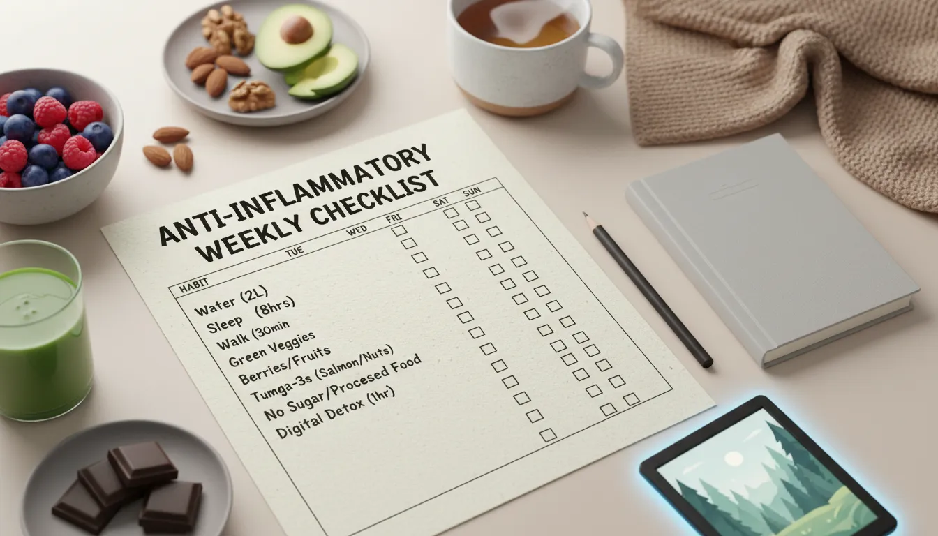 Checklist semanal de hábitos saudáveis ao lado de snacks naturais em ambiente acolhedor e organizado.