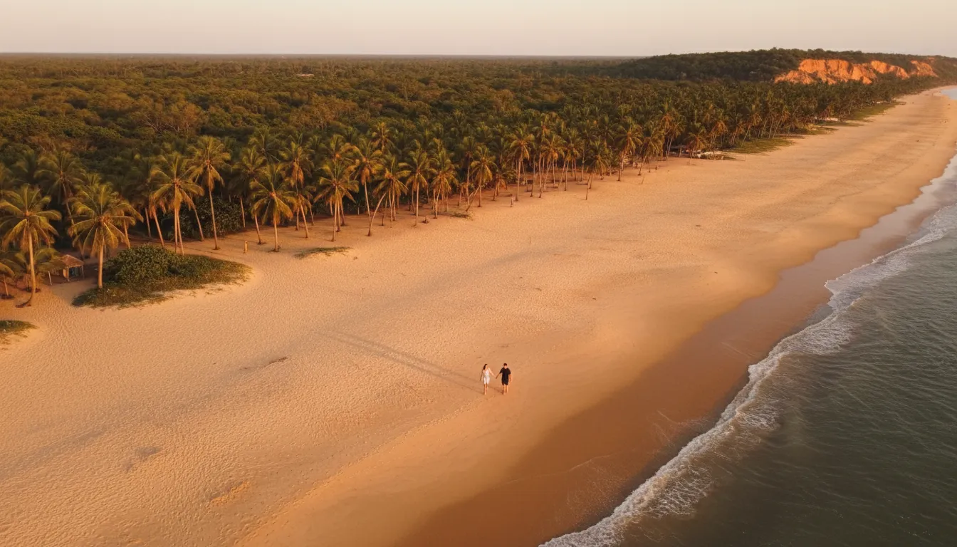 Casal caminhando na Praia do Gunga viagem ao pôr do sol, desfrutando da paisagem.