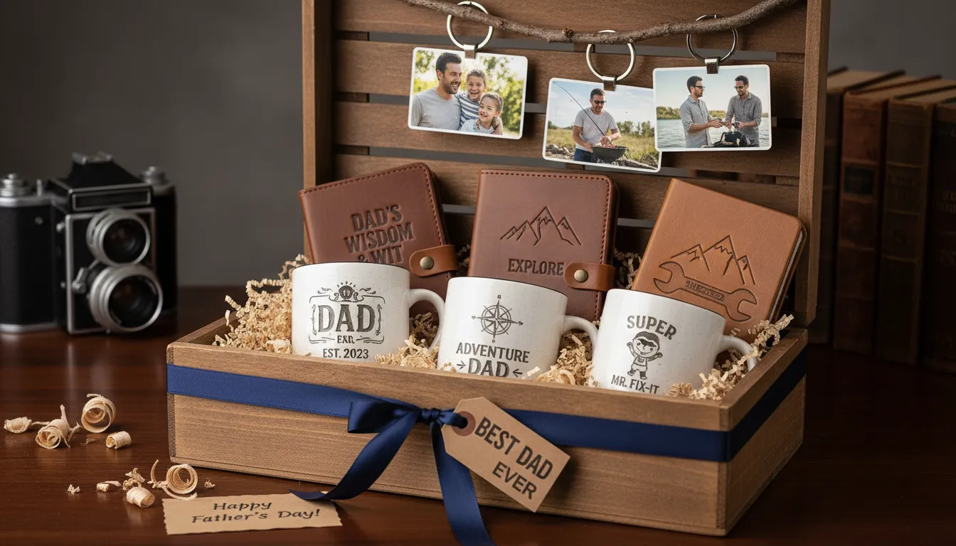 Presentes personalizados de Dia dos Pais, como canecas gravadas e chaveiros de fotos, organizados em embalagem elegante.