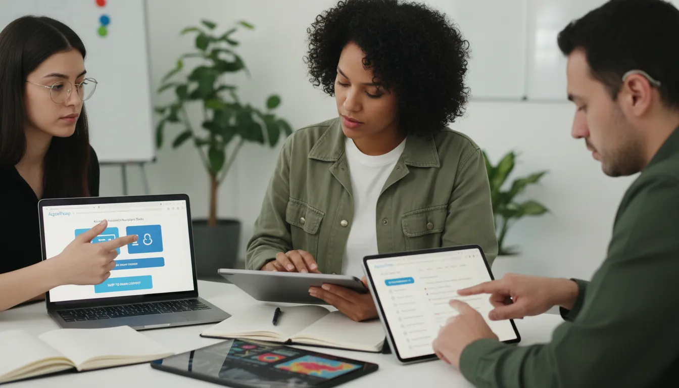 Redesign de Site em 2026: Quando e Como Fazer 2 Designer testa navegação inclusiva de site redesenhado com usuários em tablets e smartphones