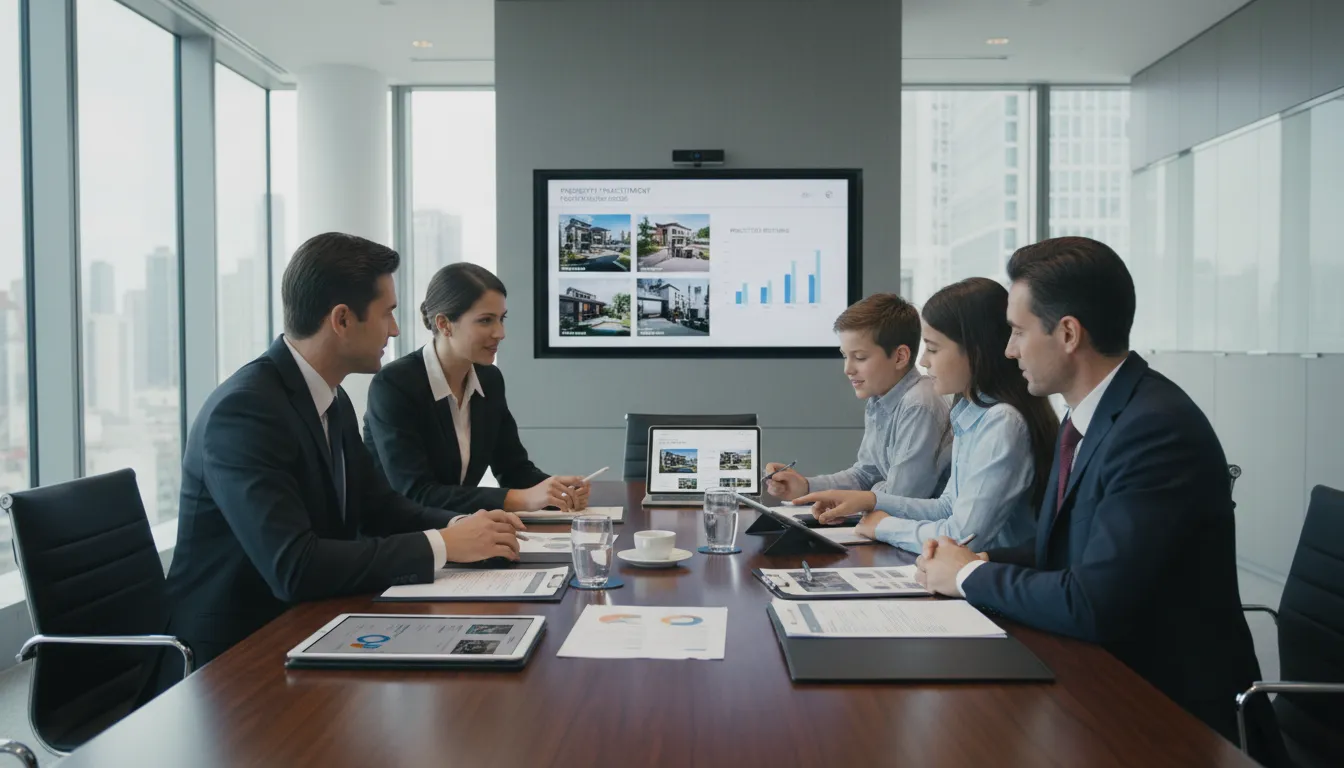 Família e profissionais de negócios discutindo aquisição de imóveis em escritório bancário moderno.