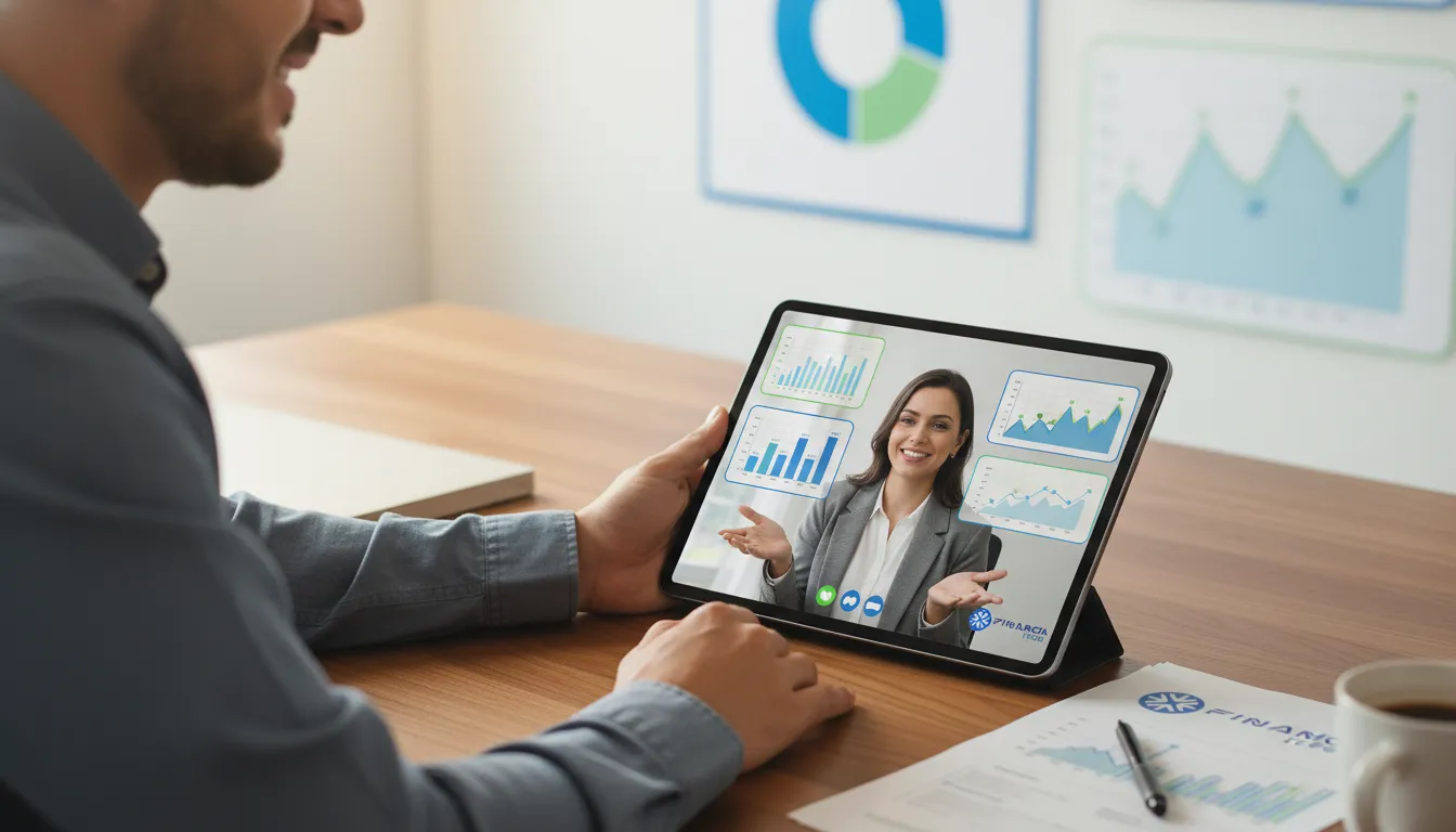 Consultor financeiro oferecendo suporte para gerar leads de crédito afiliado através da Financia Tudo em video chamada.
