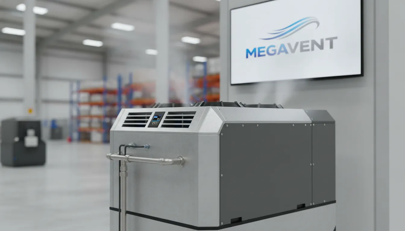 Detalhe de um climatizador industrial MegaVent, mostrando tecnologia avançada para resfriamento eficiente de galpões.