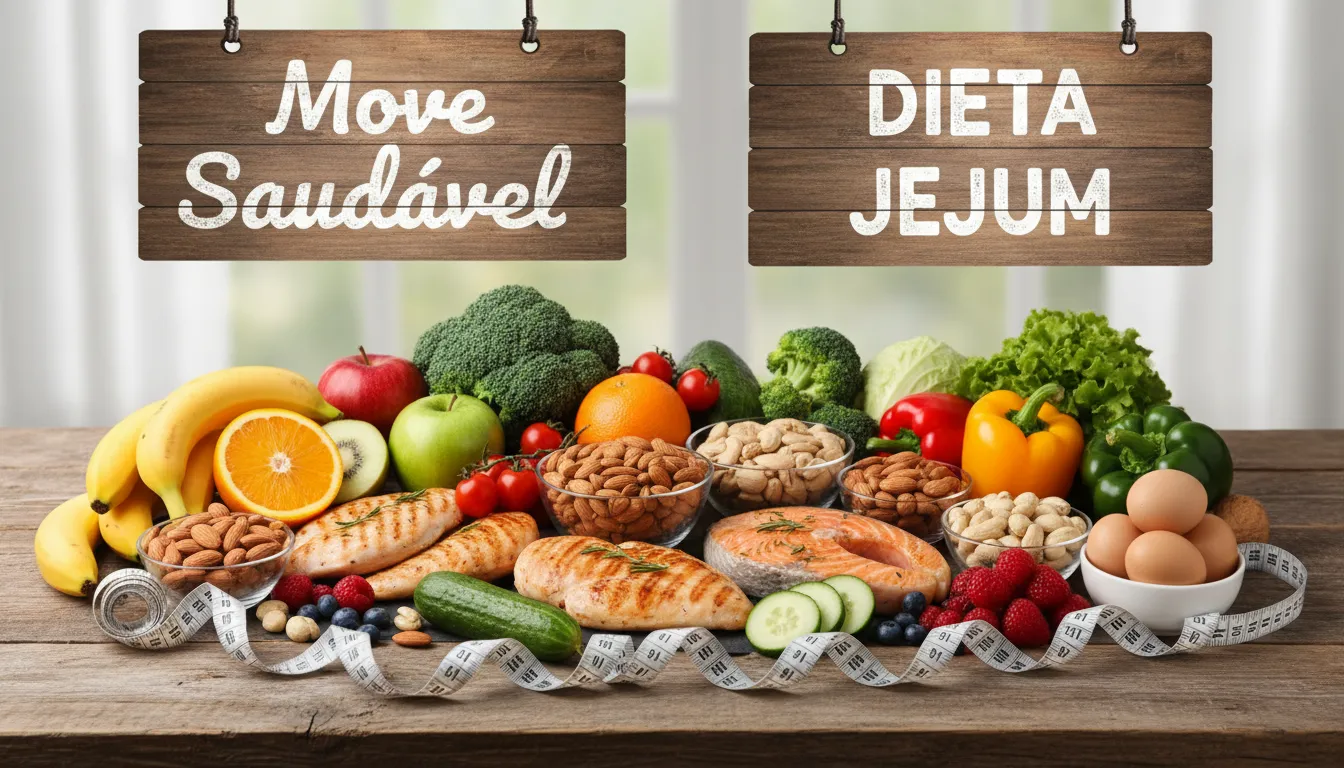 Mesa com alimentos saudáveis e fita métrica, representando escolhas alimentares saudáveis e jejum intermitente para emagrecimento.