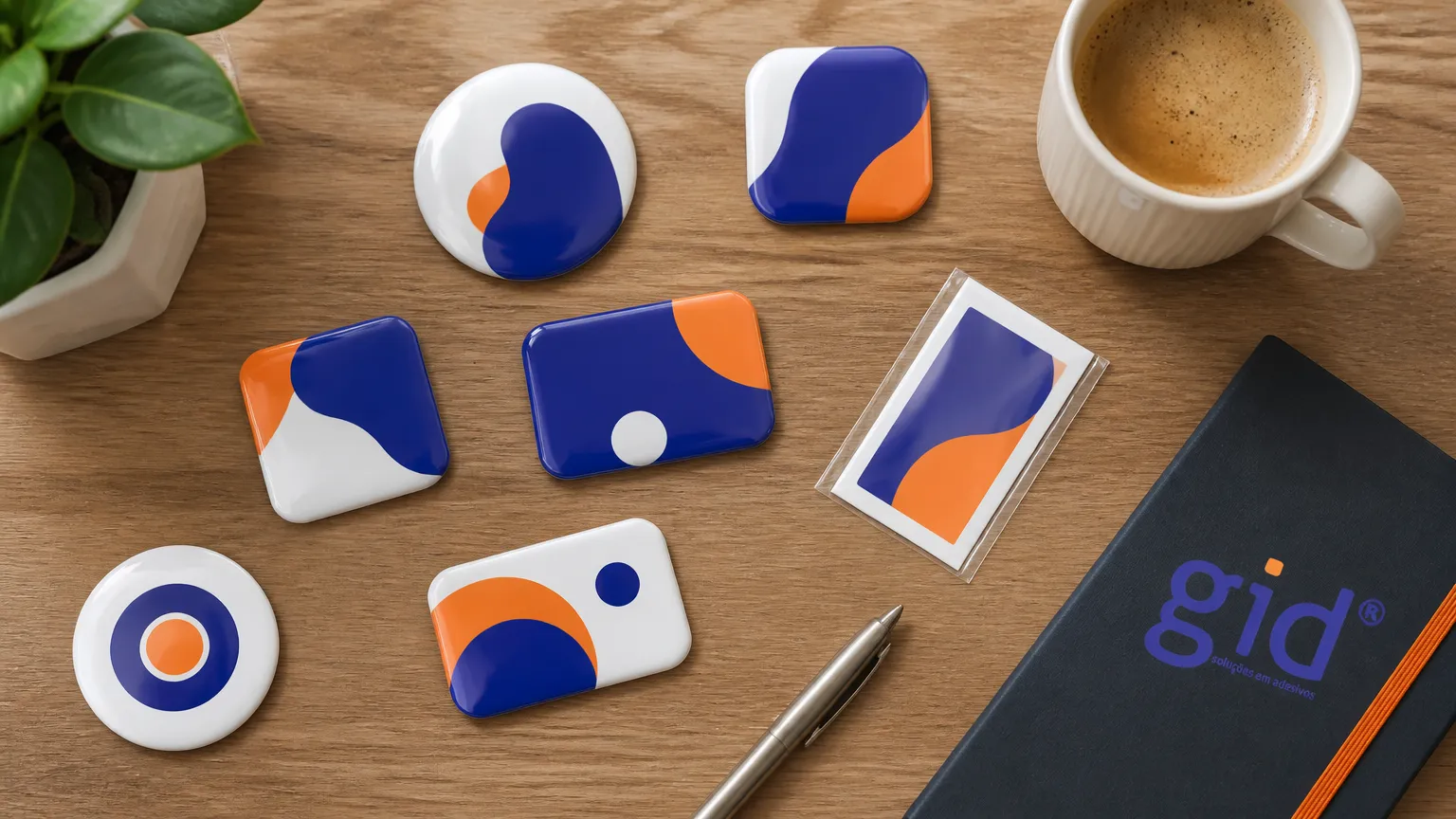 Conjunto de imã personalizado de geladeira e brindes adesivos sobre mesa corporativa de escritório.