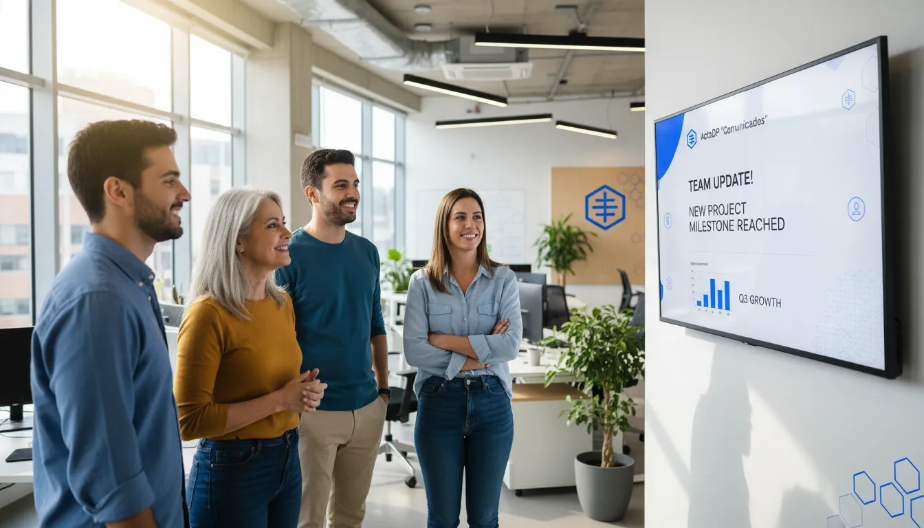 Colaboradores visualizando comunicado digital em mural, promovendo comunicação interna eficiente e engajamento.