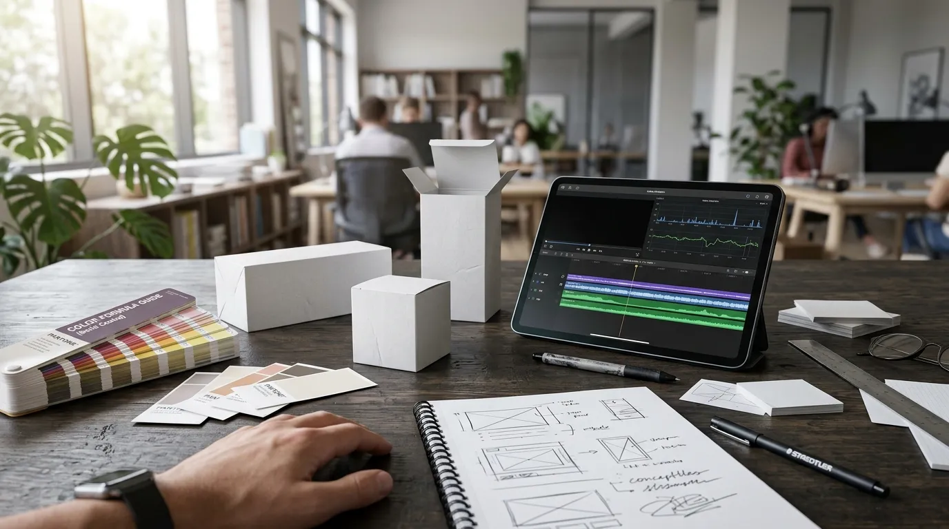 Mesa de design com paletas e elementos visuais que explicam o que é branding corporativo e posicionamento.