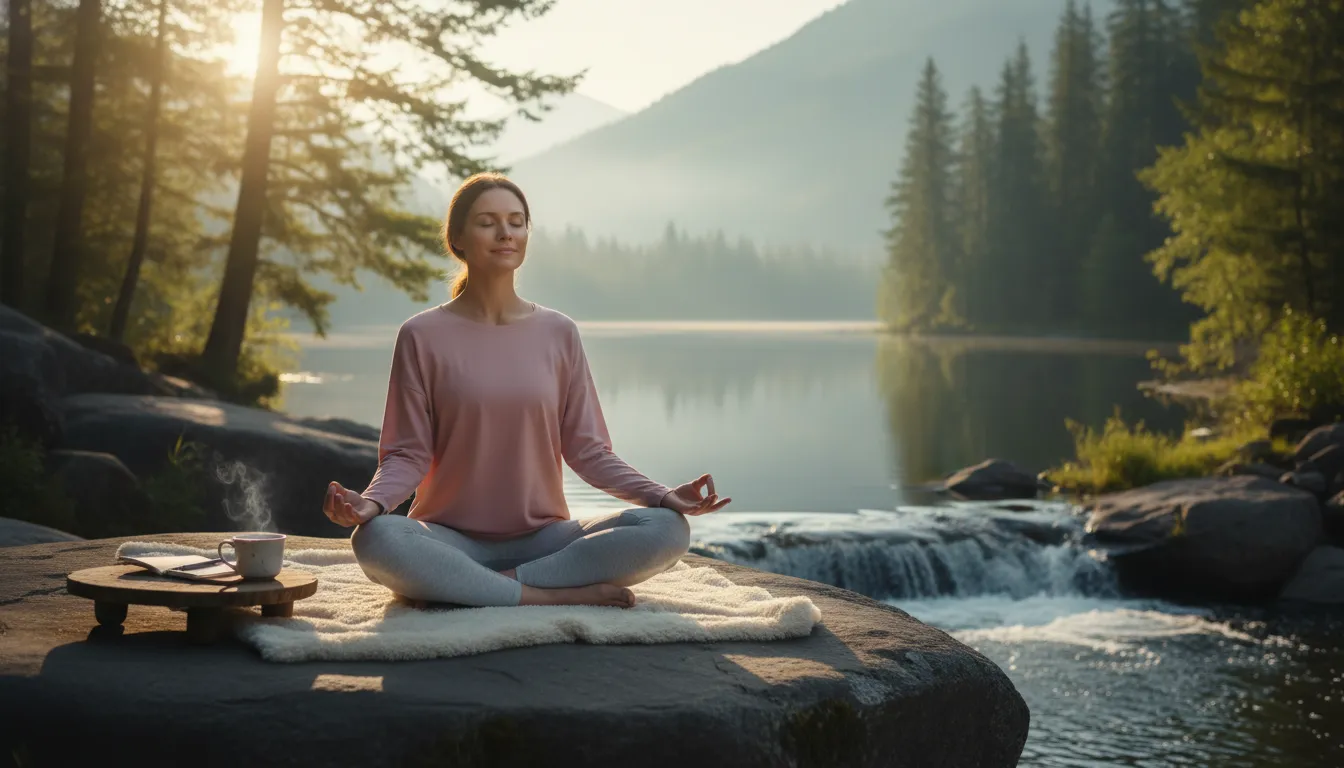 Imagem de uma pessoa praticando autocuidado para combater o burnout, através de meditação e relaxamento em um ambiente tranquilo e sereno.