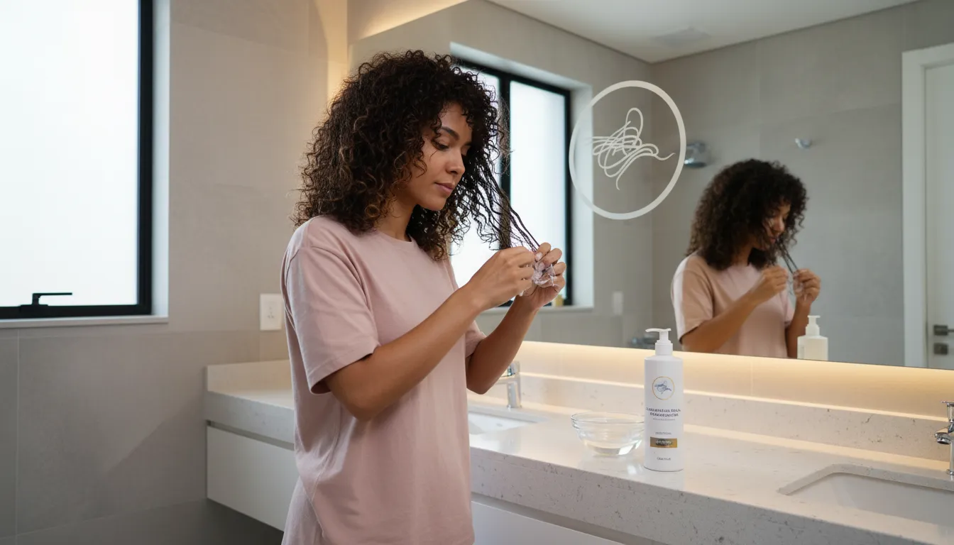 Mulher aplicando produto desembaraçante no cabelo embaraçando muito, em um banheiro moderno.