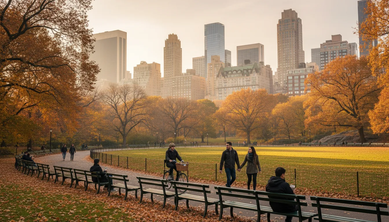 Cenário pitoresco do Central Park em Nova York no outono, com folhagens coloridas e o horizonte da cidade.