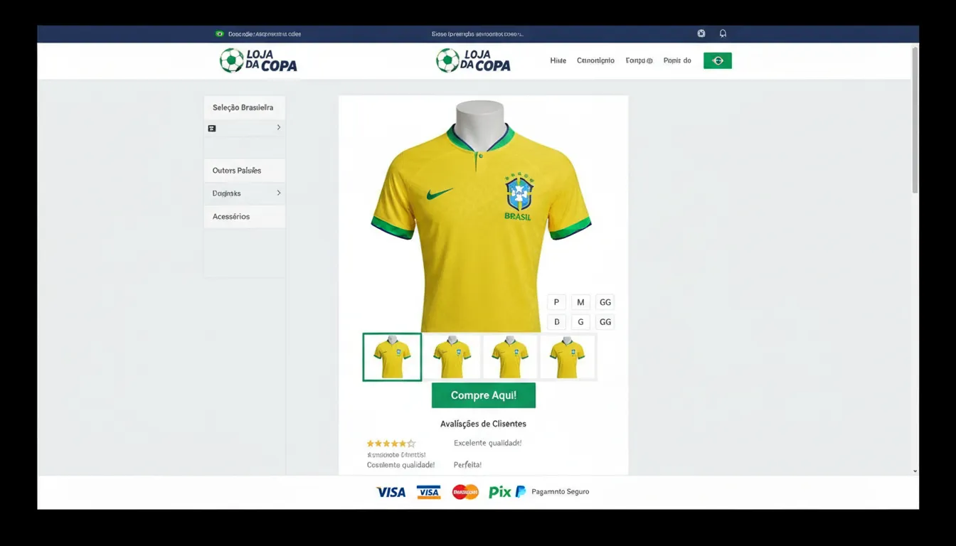 Imagem da loja virtual com diversas opções de camisa selecao brasileira, mostrando avaliações de clientes e opções de pagamento seguro.