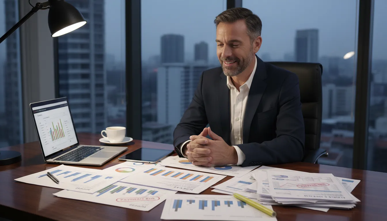 Empresário revisando opções de renegociação de dívidas empresariais com gráficos e documentos.