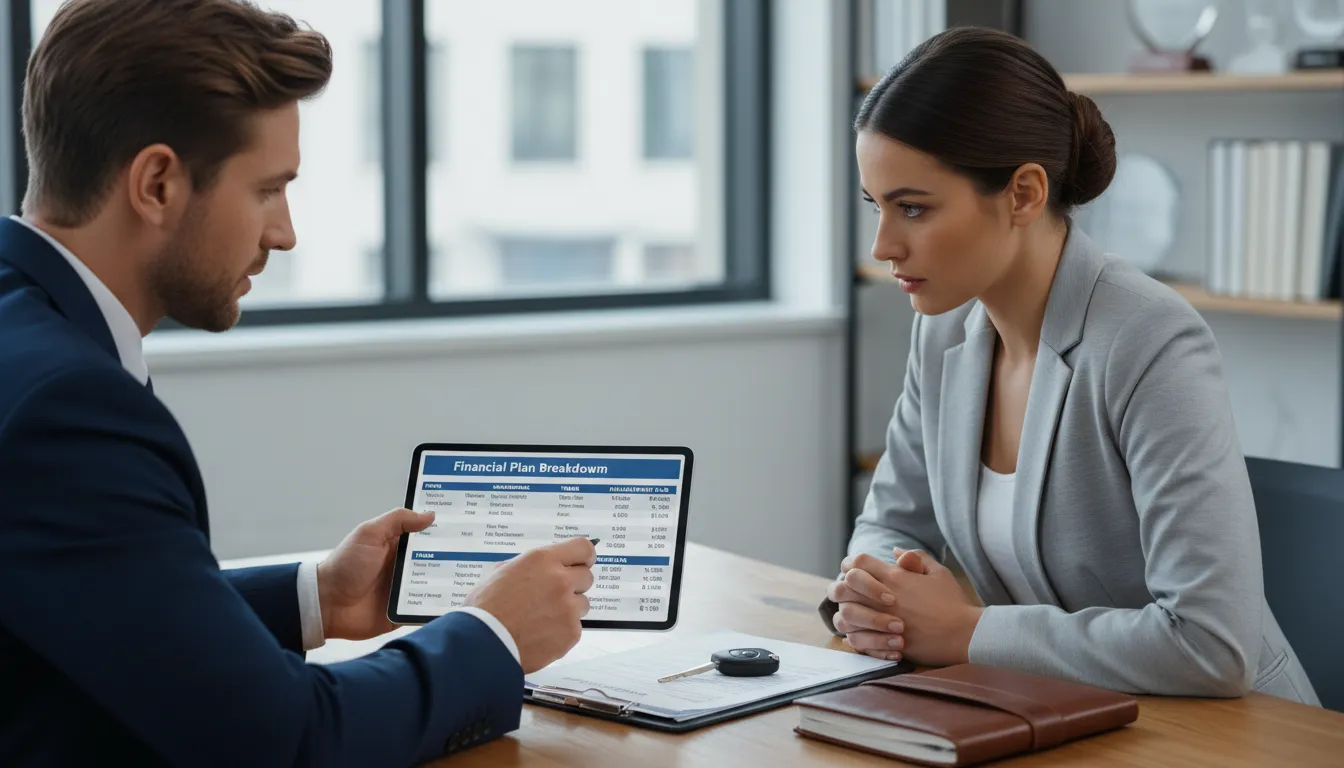 Consultor explicando planilha de custos detalhados e opções para comprar carro ao cliente.