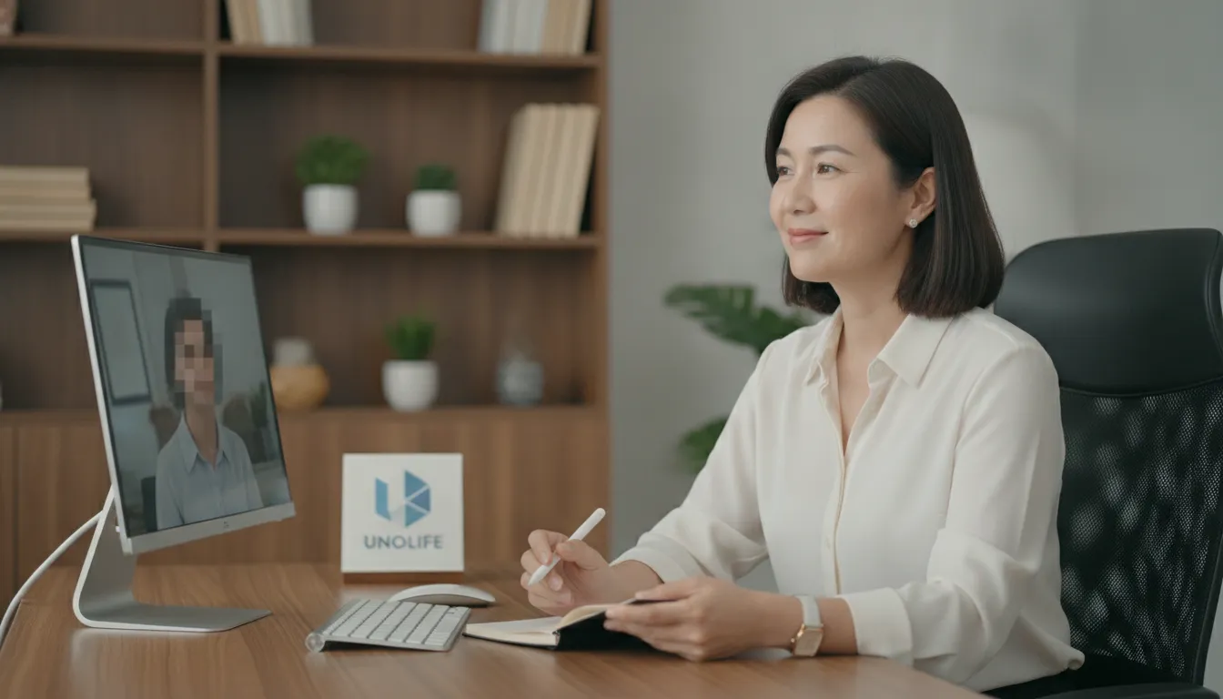 Coach online oferece suporte empático em sessão virtual. Profissional Unolife guia cliente em desenvolvimento pessoal e carreira.