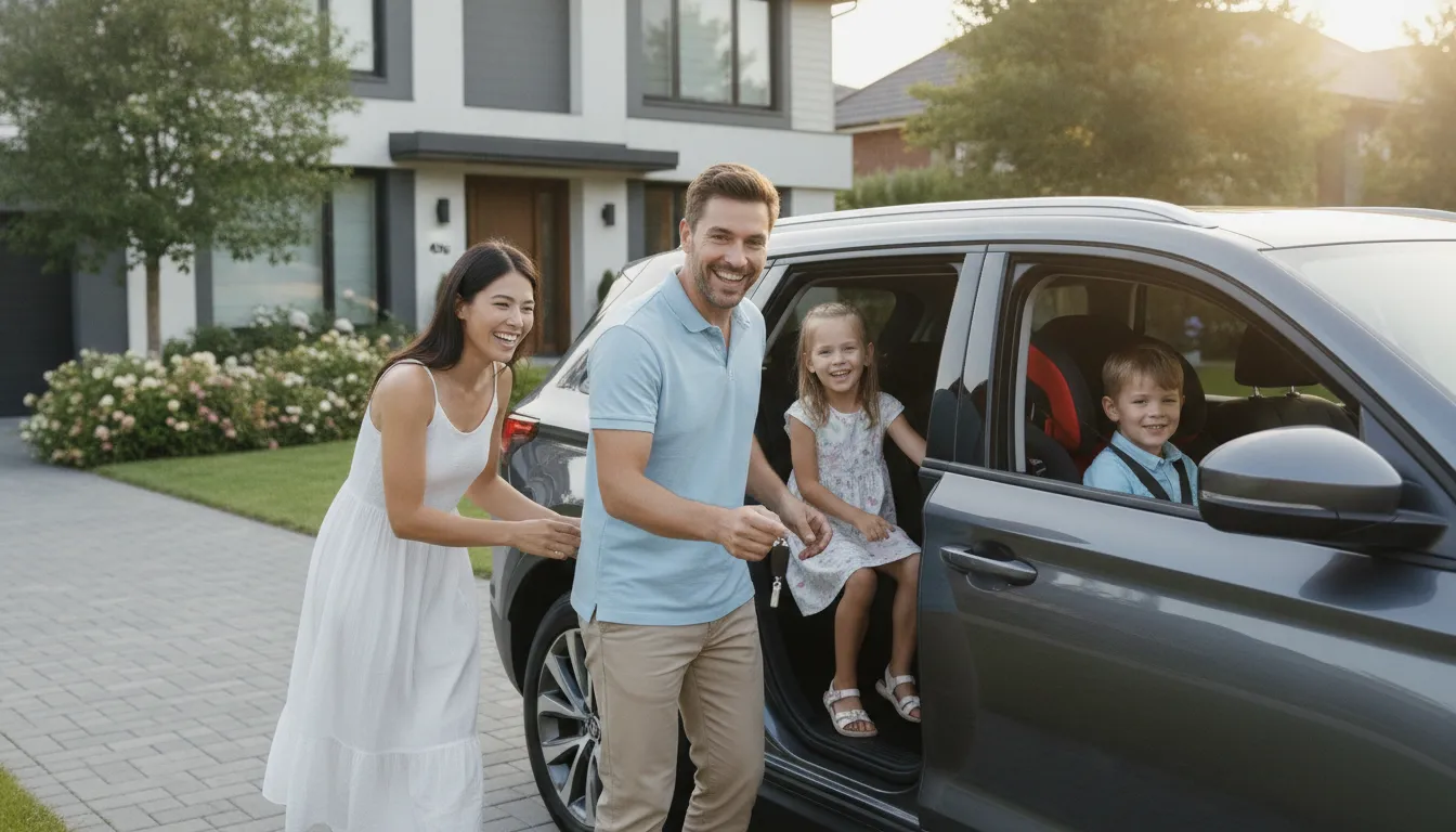 Família feliz entra carro, simbolizando liberdade financeira após refinanciamento de carro financiado.