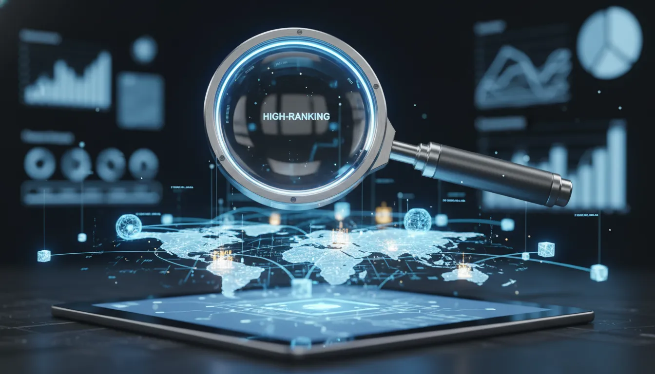 Lupa futurista explora mapa digital internet, otimizando SEO para Google. Análise profunda e ranqueamento.