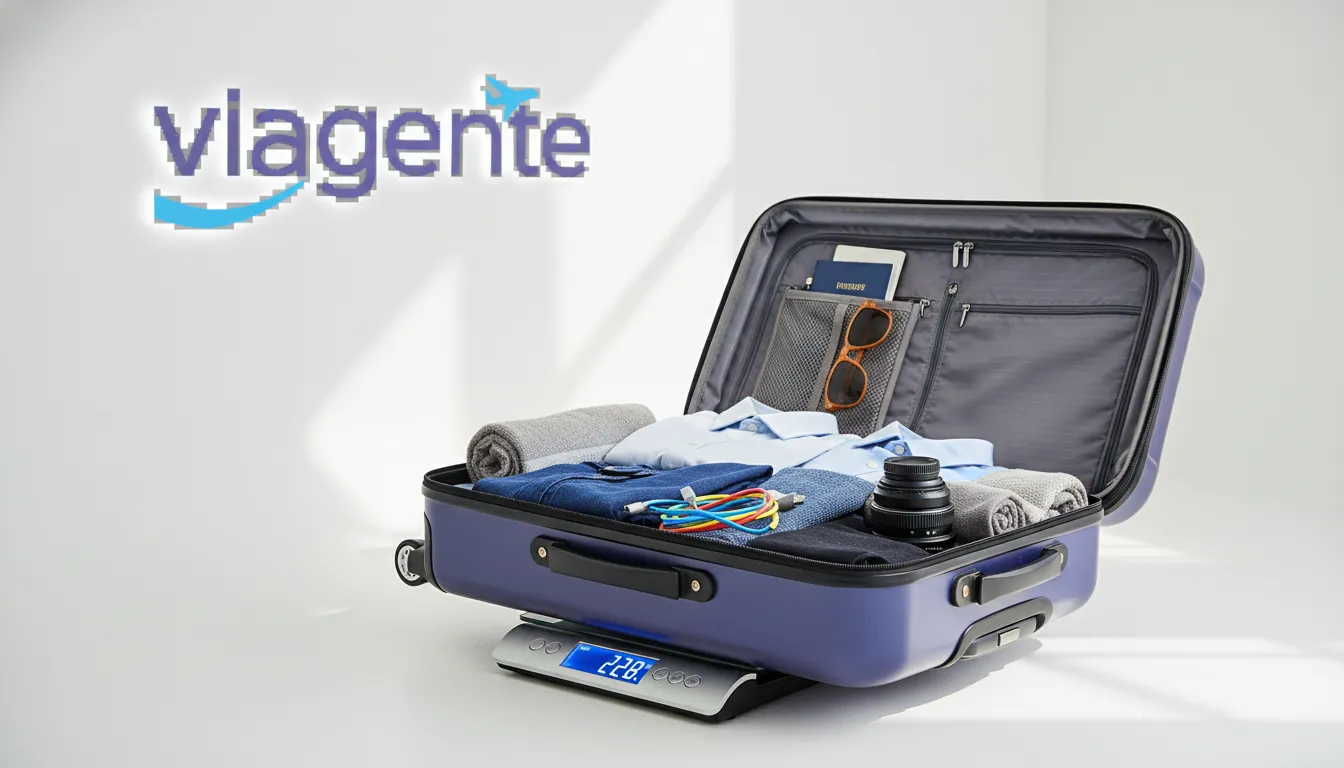 Visão detalhada de uma mala de viagem 23kg aberta sobre balança, mostrando peso ideal para despacho.