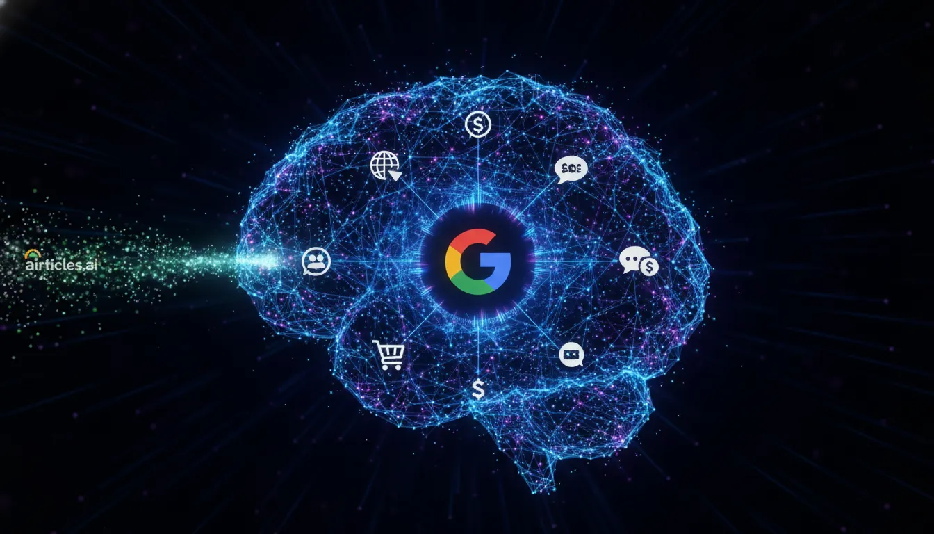 Cérebro digital com dados fluindo para hub Google Analytics, simbolizando inteligência e integração.