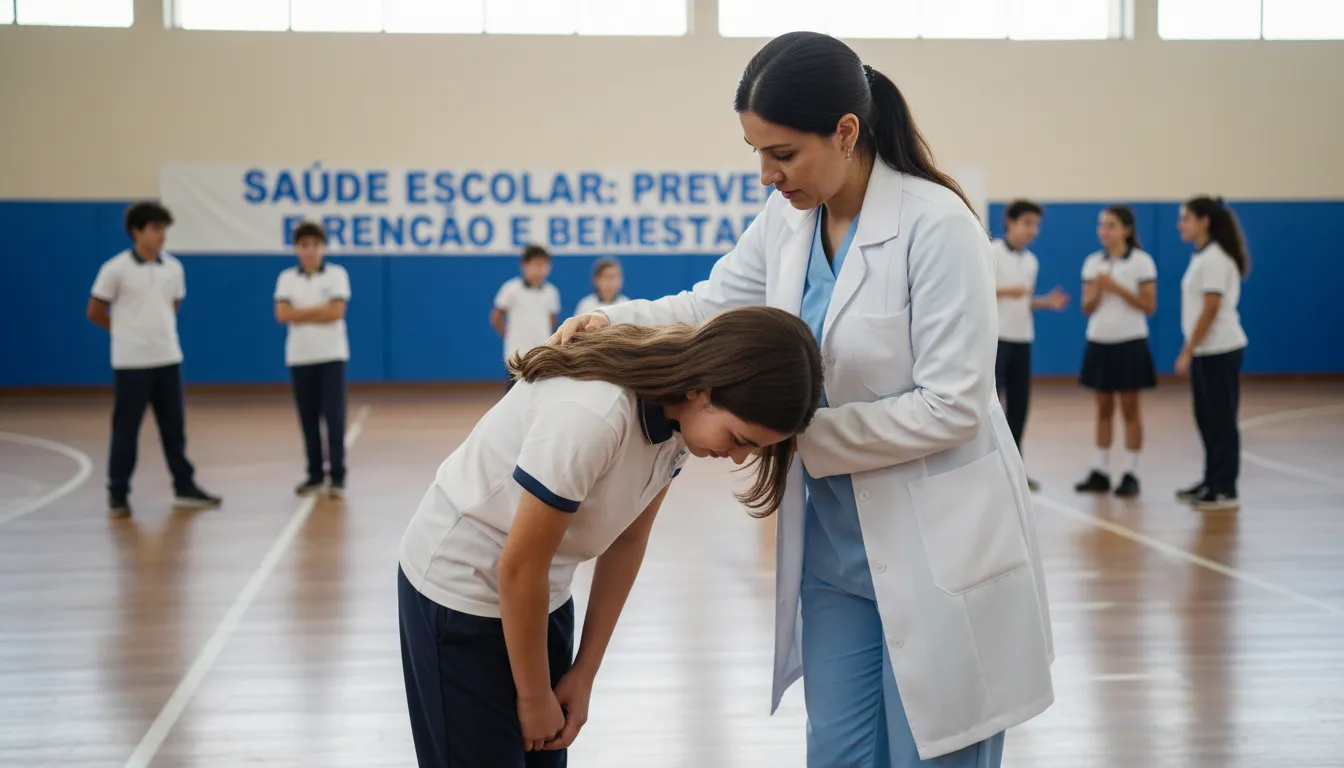 Profissional de saúde fazendo o teste de Adams em adolescente durante triagem escolar para prevenção da escoliose.