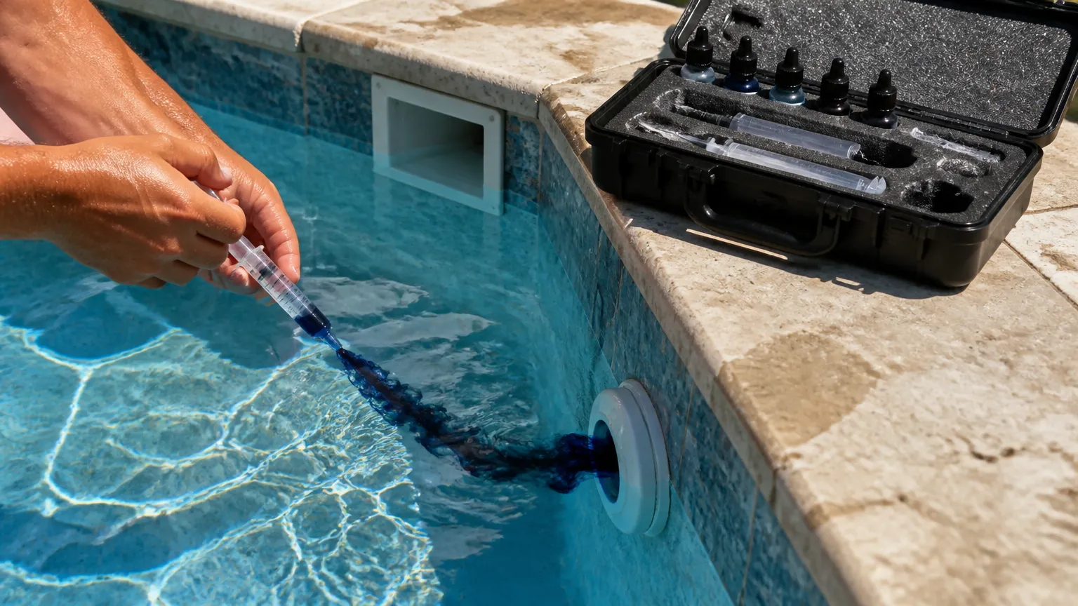 Detecção de vazamento na piscina usando teste de corante perto do bocal de retorno.