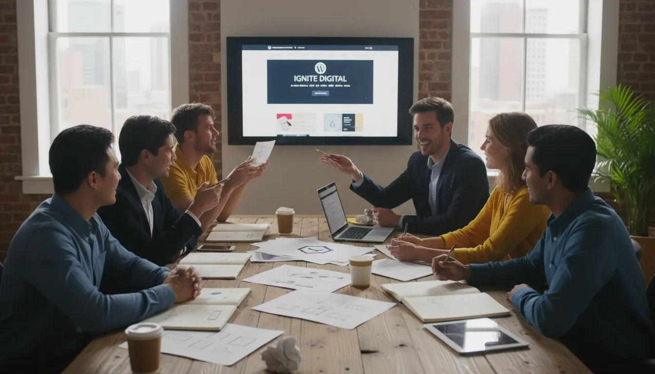 Estrutura Pronta de Página de Vendas para Infoprodutor em WordPress 2 Equipe criativa colaborando na estruturação de site WordPress para conversão