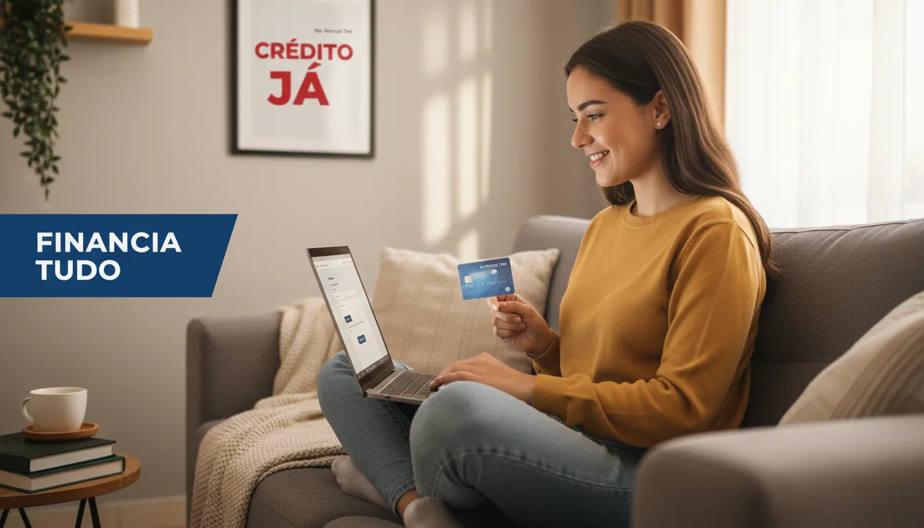 Uma pessoa sorrindo enquanto usa um cartão de crédito sem anuidade para fazer uma compra online, desfrutando dos benefícios de um cartão sem taxas.