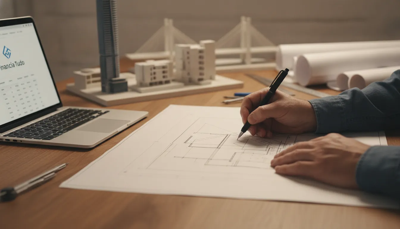 Mãos de arquiteto trabalhando em projeto, com laptop exibindo Financia Tudo para home equity para arquitetos.