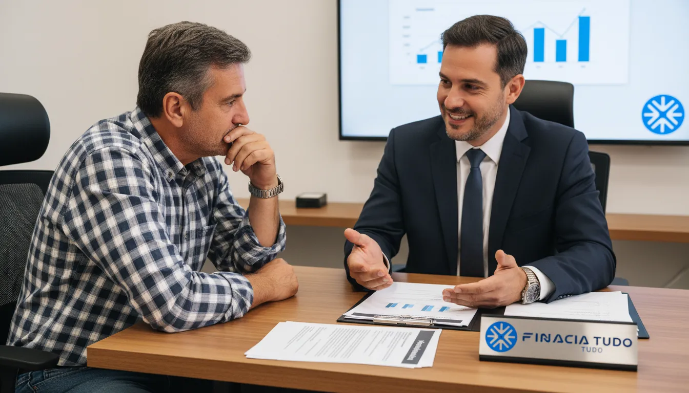 Consultor da Financia Tudo auxiliando caminhoneiro na análise de opções para refinanciamento de caminhão quitado ou financiado.