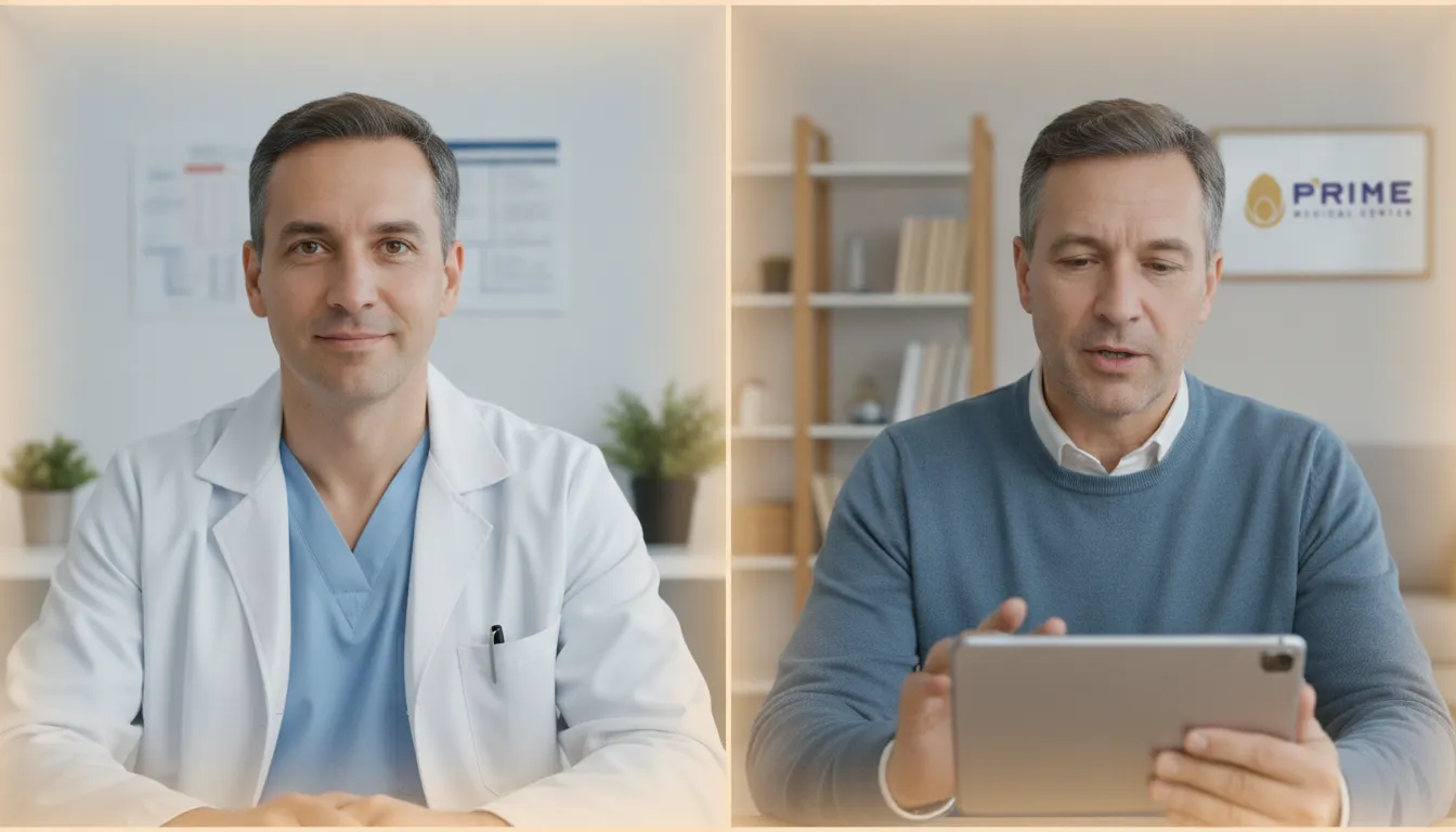Urologista e paciente interagem em telemedicina urologia consulta online, mostrando conexão e cuidado.